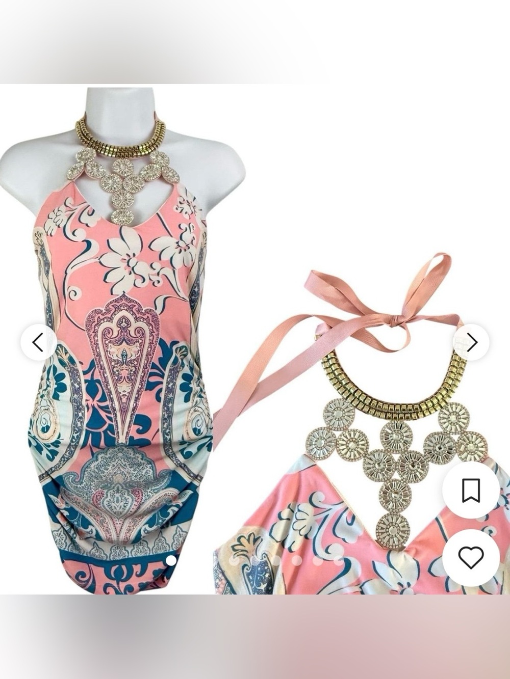 VENUS Pink and Blue Paisley Halter Dress with Gold Necklace Accent Large